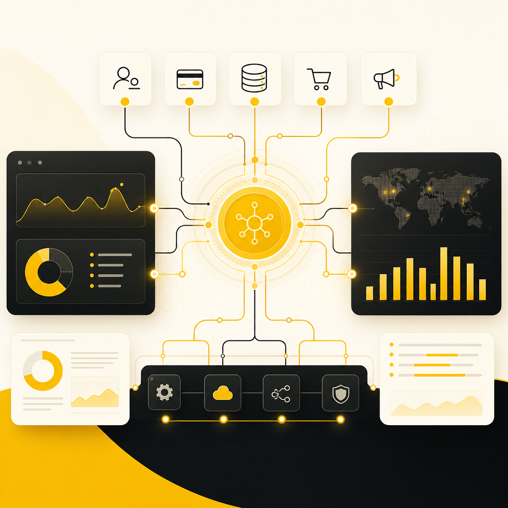 Abstract integration workflow illustration representing API connections and real-time syncing.