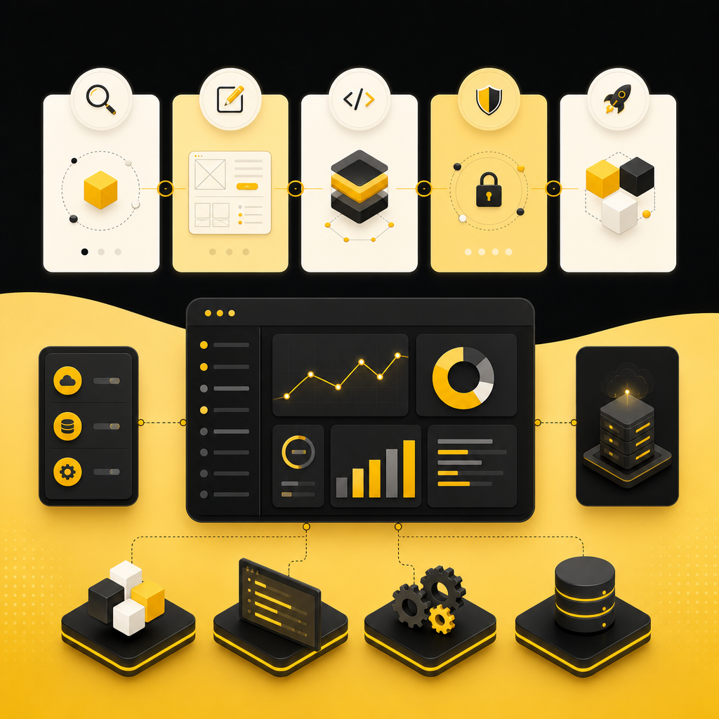 Dashboard-style illustration representing a multi-step development and deployment process.