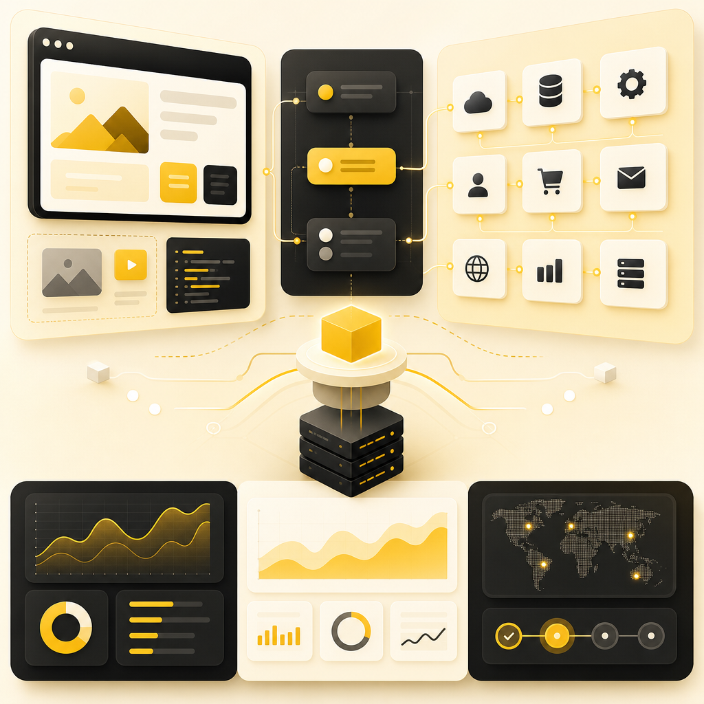 Clean modern dashboard illustration showing full-stack components and integration workflows.