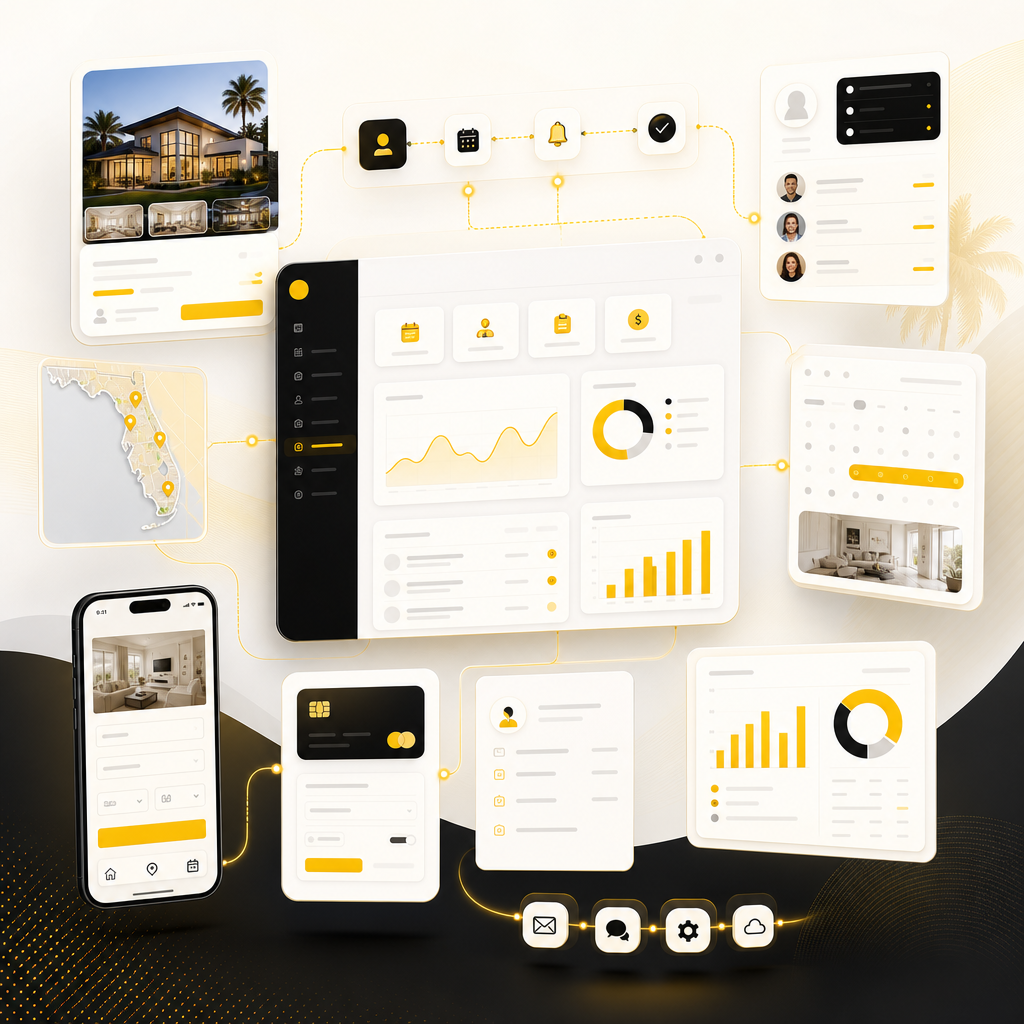 Dashboard illustration of a connected full-stack business system with portals, booking, payments, and automation flows.