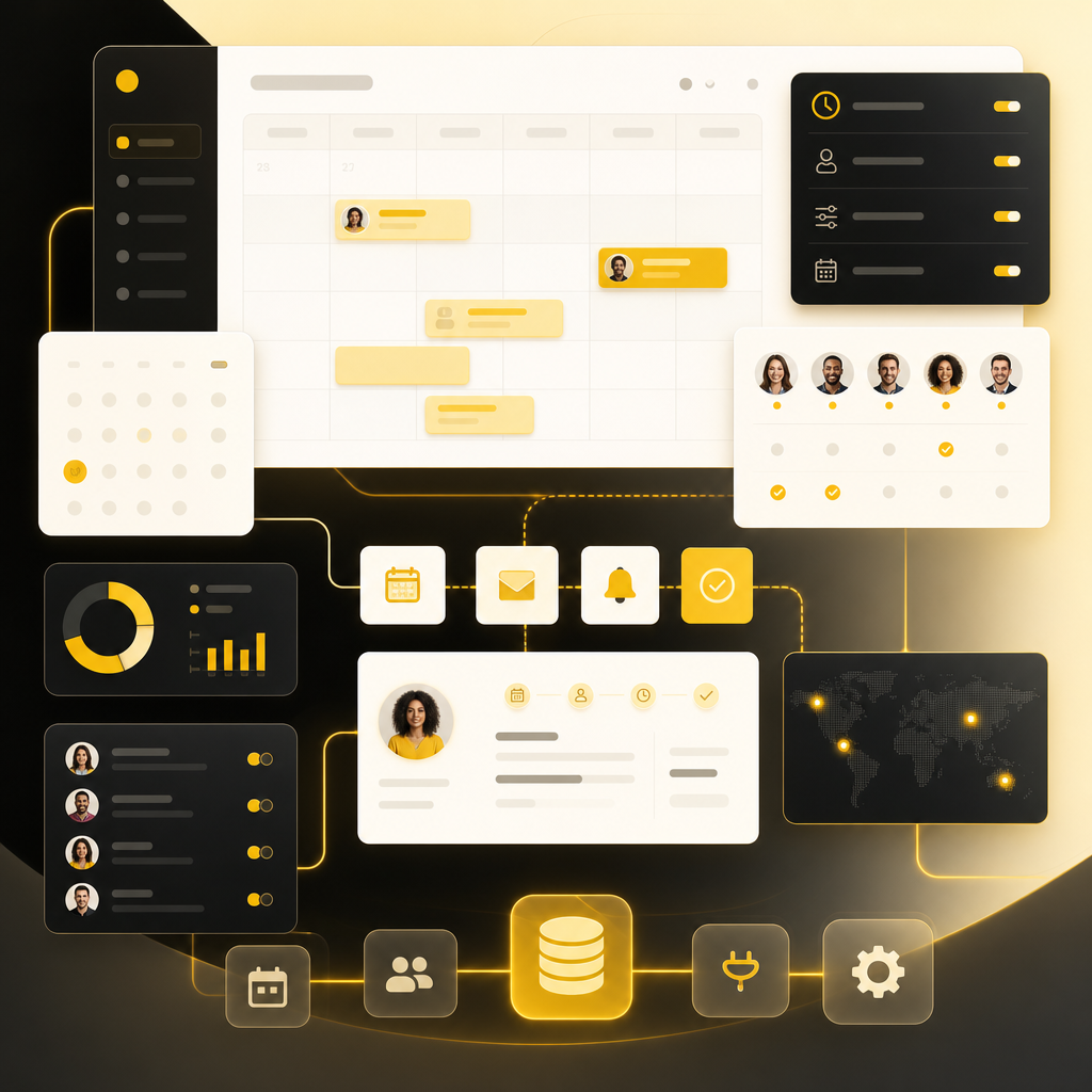 Appointment scheduling dashboard illustration with availability rules, reminder workflows, staff assignment, and CRM integration flows.