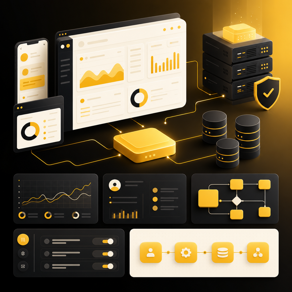 SaaS dashboard illustration showing front-end screens connected to back-end systems, databases, APIs, and workflow cards.