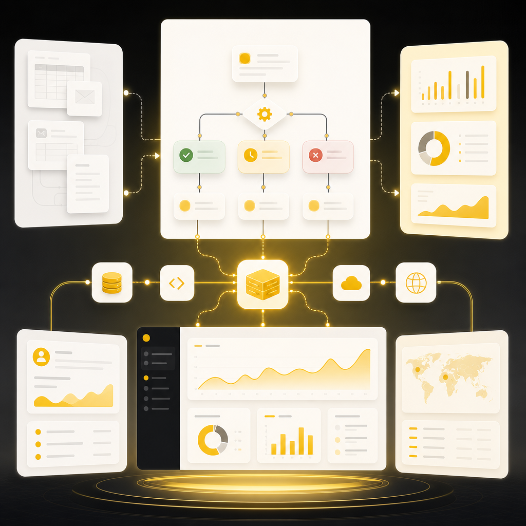 Abstract illustration showing automation flows, reporting dashboards, and API-connected workflow synchronization.
