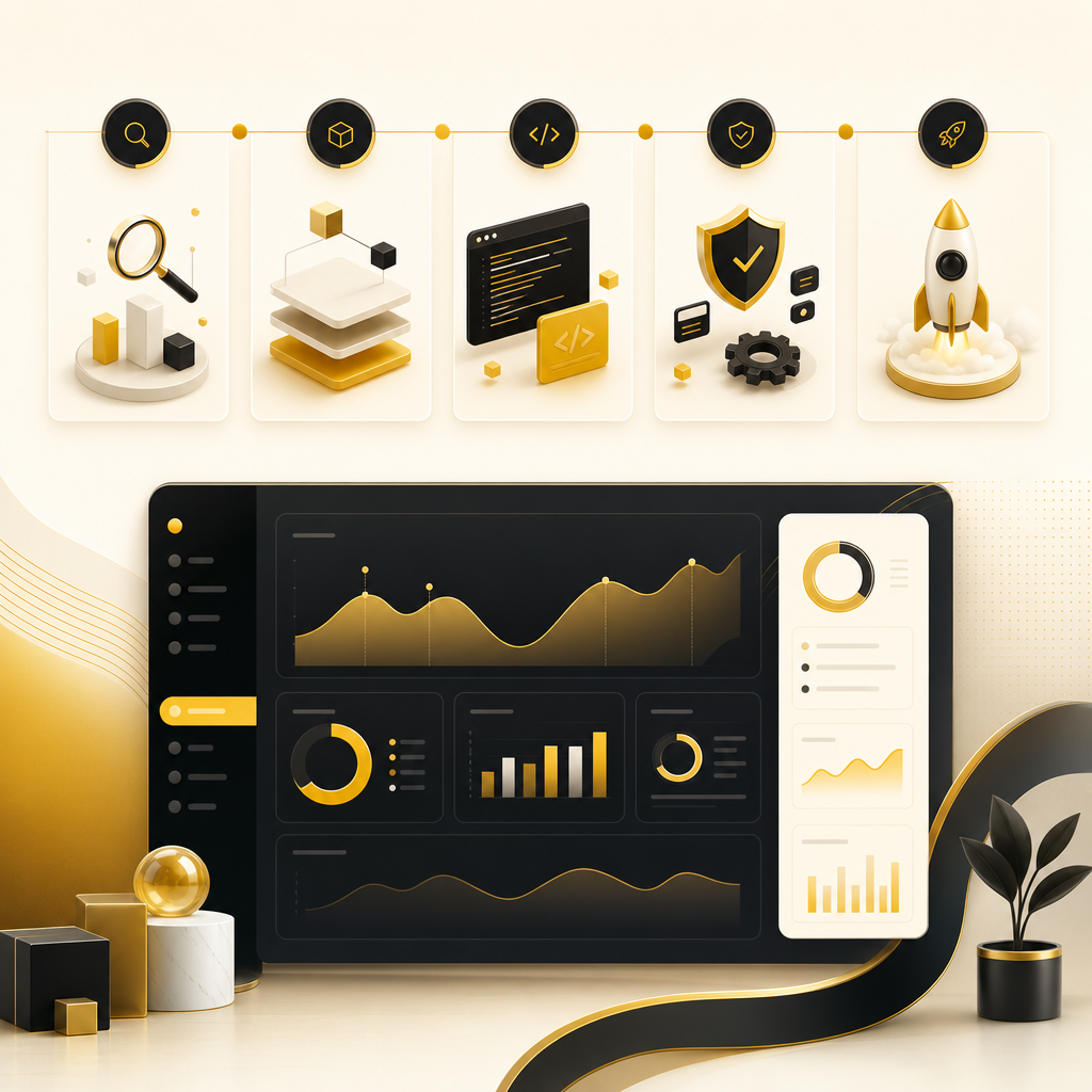 Abstract premium illustration representing a step-by-step project analysis to launch workflow pipeline.