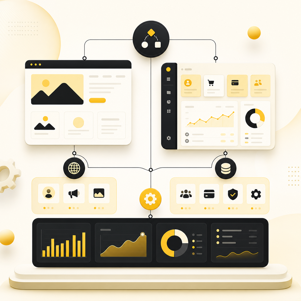 Abstract premium illustration representing website vs web application decision dashboards and connected workflows.