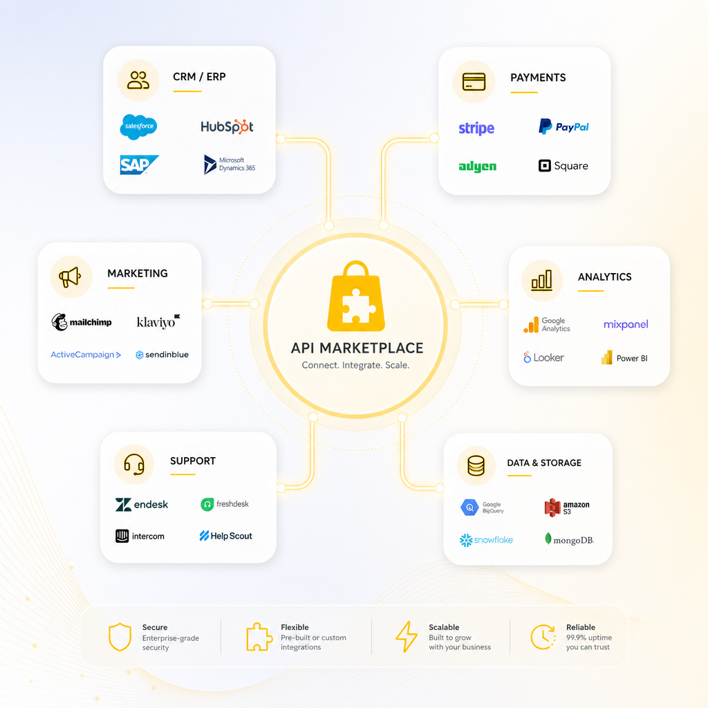 Illustration of APIs connecting a marketplace to CRM/ERP, payments, marketing, analytics, workflows, and support tools.