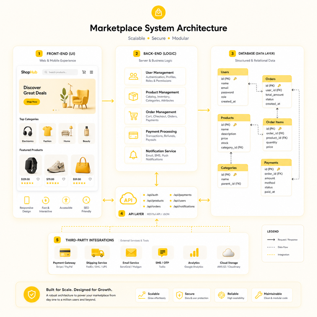 Illustration showing a full-stack marketplace system across front-end, back-end, database, and APIs.