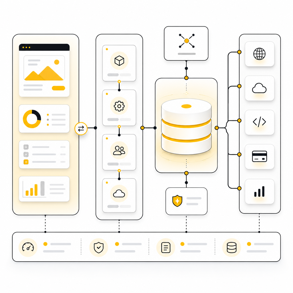 Illustration showing front-end, back-end, data layer, and API integrations working together in full-stack development.