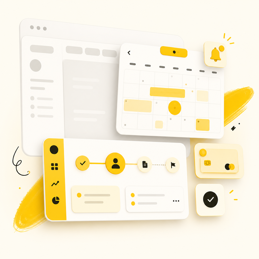Illustration of a generic booking template replaced by a custom system with scheduling, payments, and notifications.