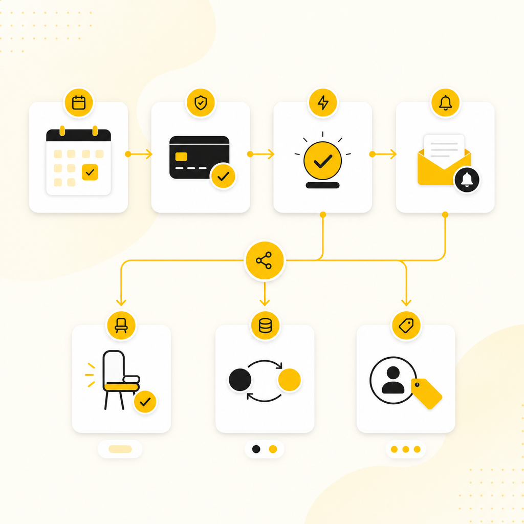 Illustration of automated booking workflows with confirmations, payment updates, and system integrations connected together.