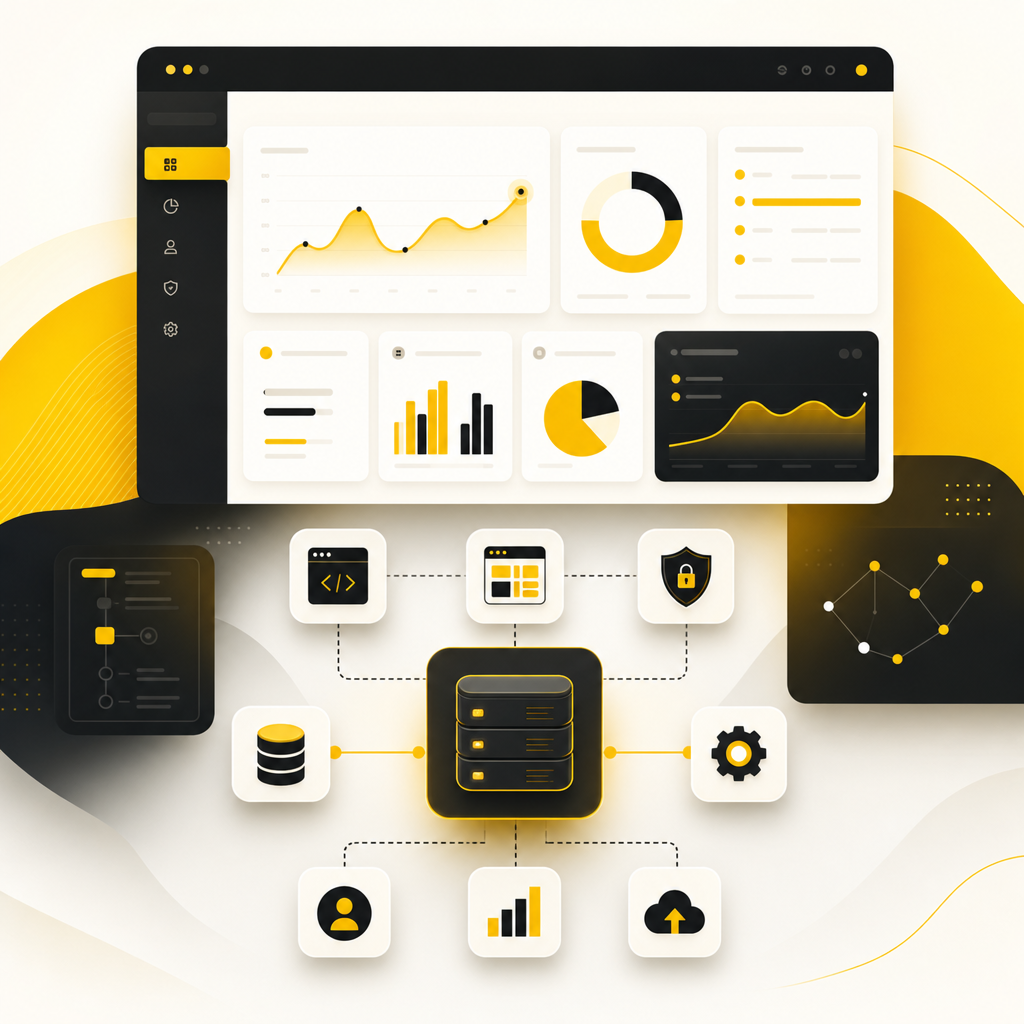 Abstract illustration of a premium analytics and admin dashboard interface for full-stack development.