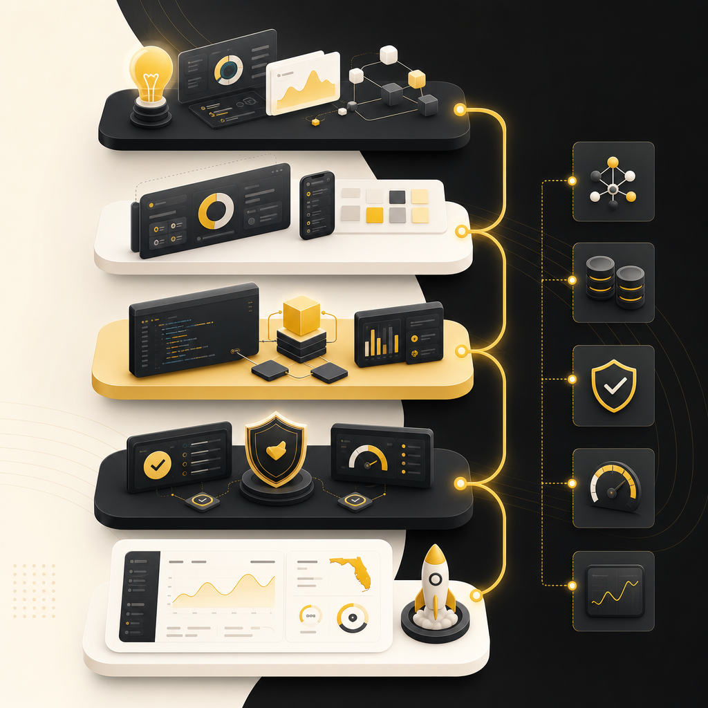 Abstract illustration of a full-stack development process from planning to launch with connected workflow stages.