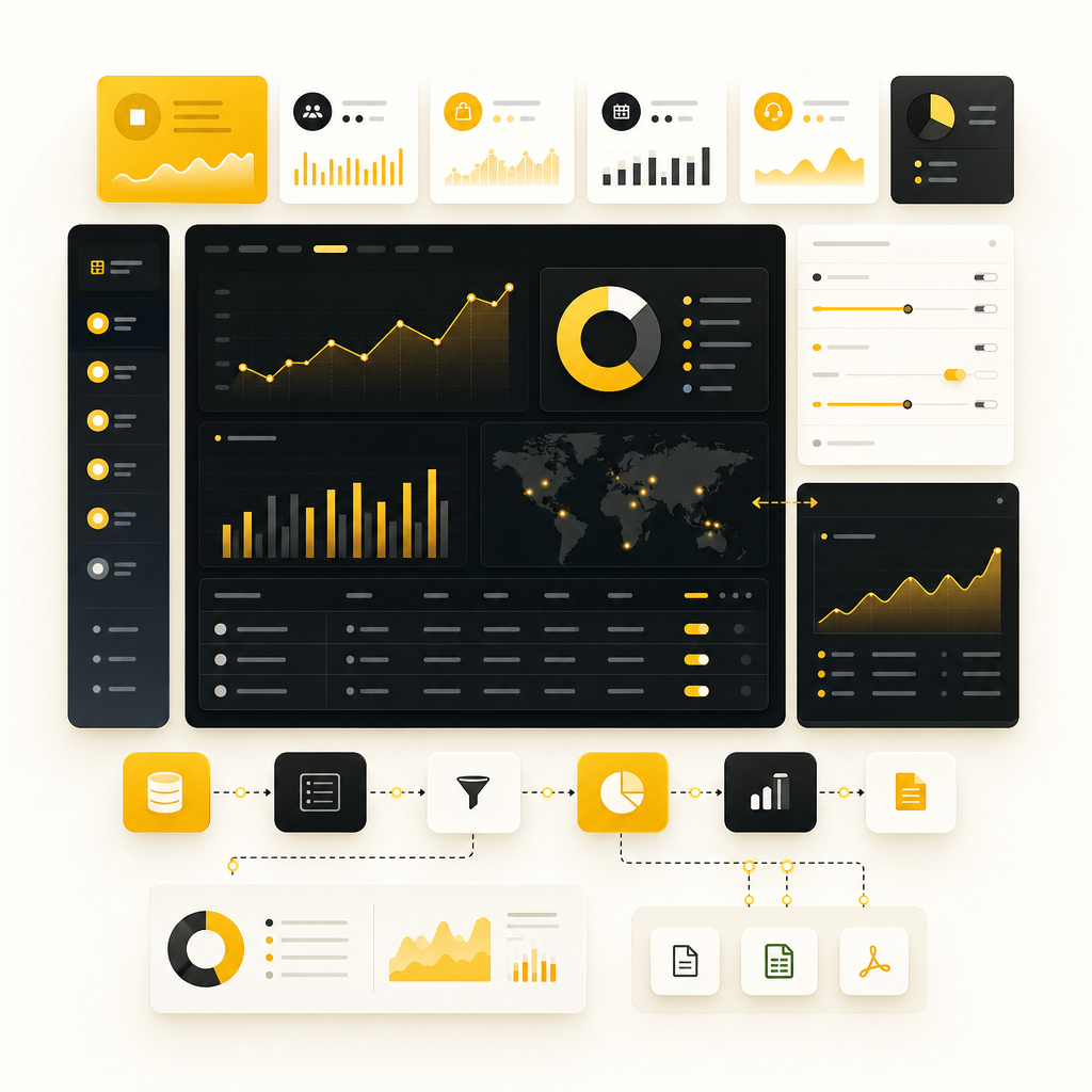 Abstract illustration of custom dashboard widgets, KPIs, and drill-down analytics.