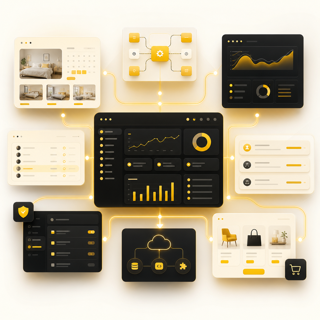Illustration of connected web app modules for booking, dashboards, portals, SaaS, and e-commerce.