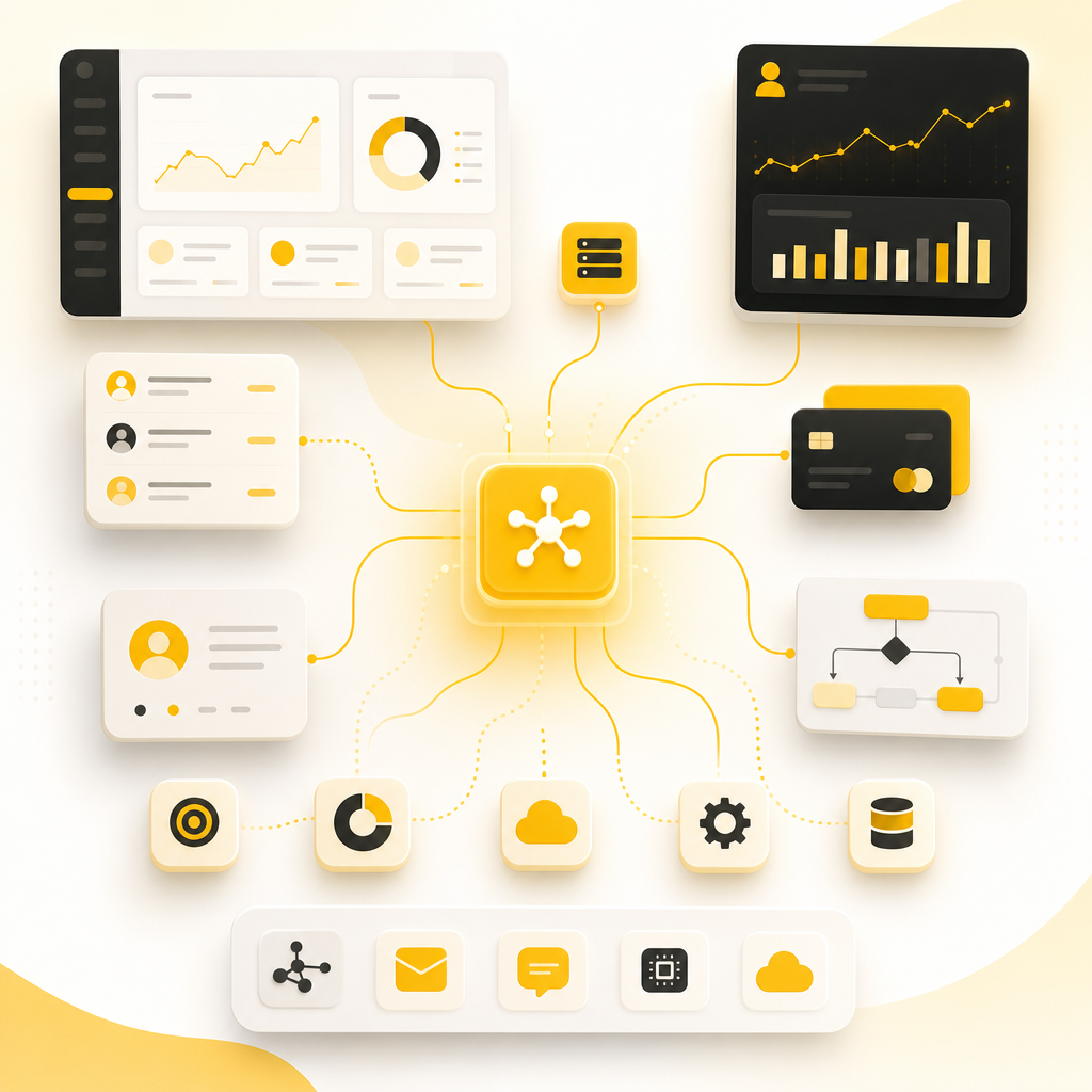 Illustration of API connections linking dashboards, payment updates, analytics, and workflow automation.