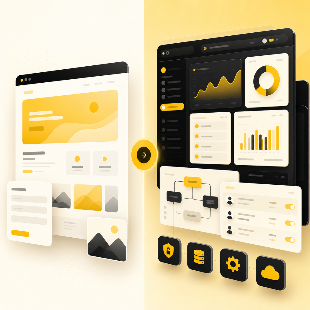 Illustration of a custom web app dashboard compared with a basic website interface.