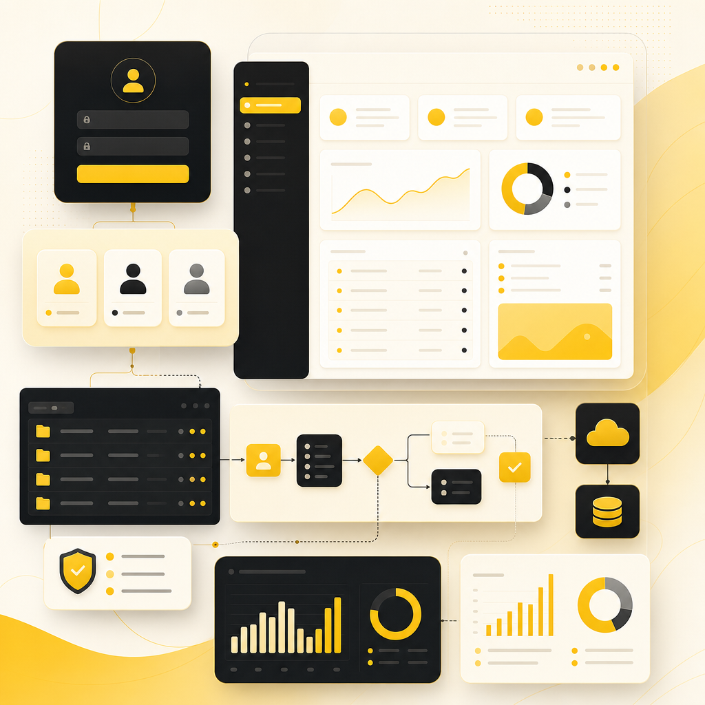 Illustration of full-stack customer portal interfaces, dashboards, and integration workflow panels