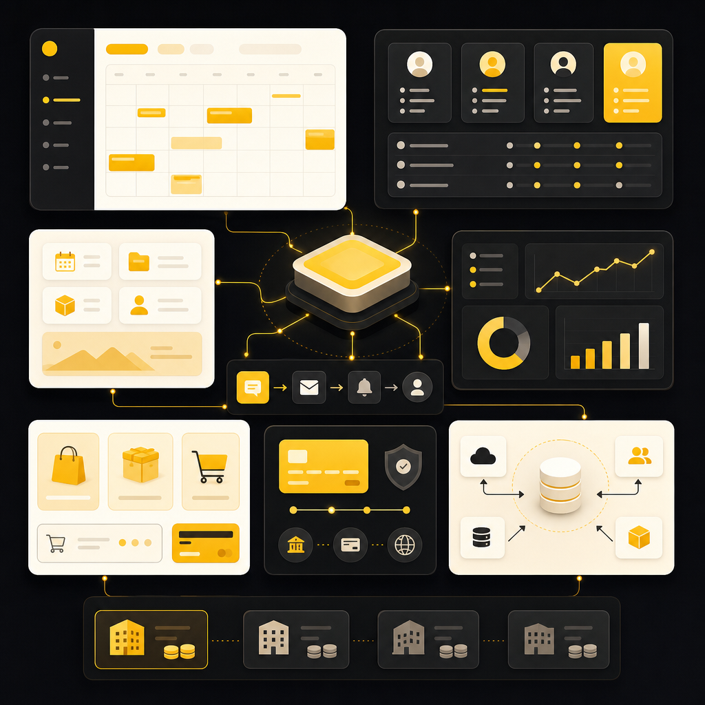Abstract multi-module SaaS dashboard illustration showing booking, admin panels, customer portal, analytics, payments, and integration workflows.
