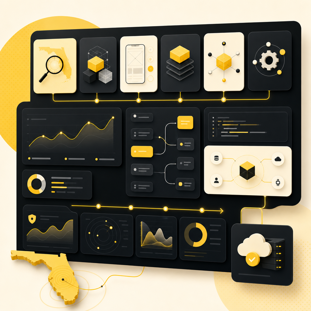 Abstract full-stack development workflow illustration with clean dashboard panels and automation flow cards.