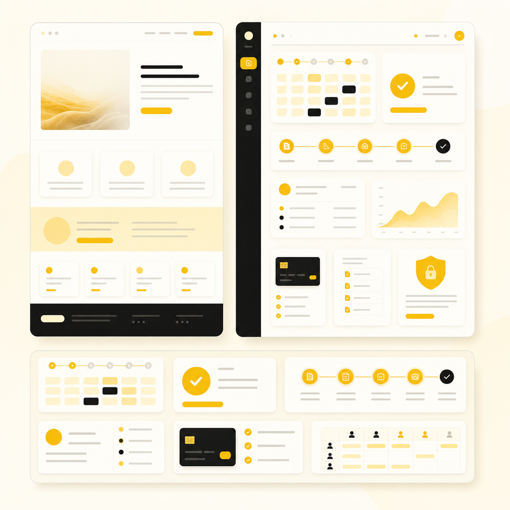 Dashboard and portal UI illustration representing operational web applications with booking, payments, status tracking, and customer portal modules.