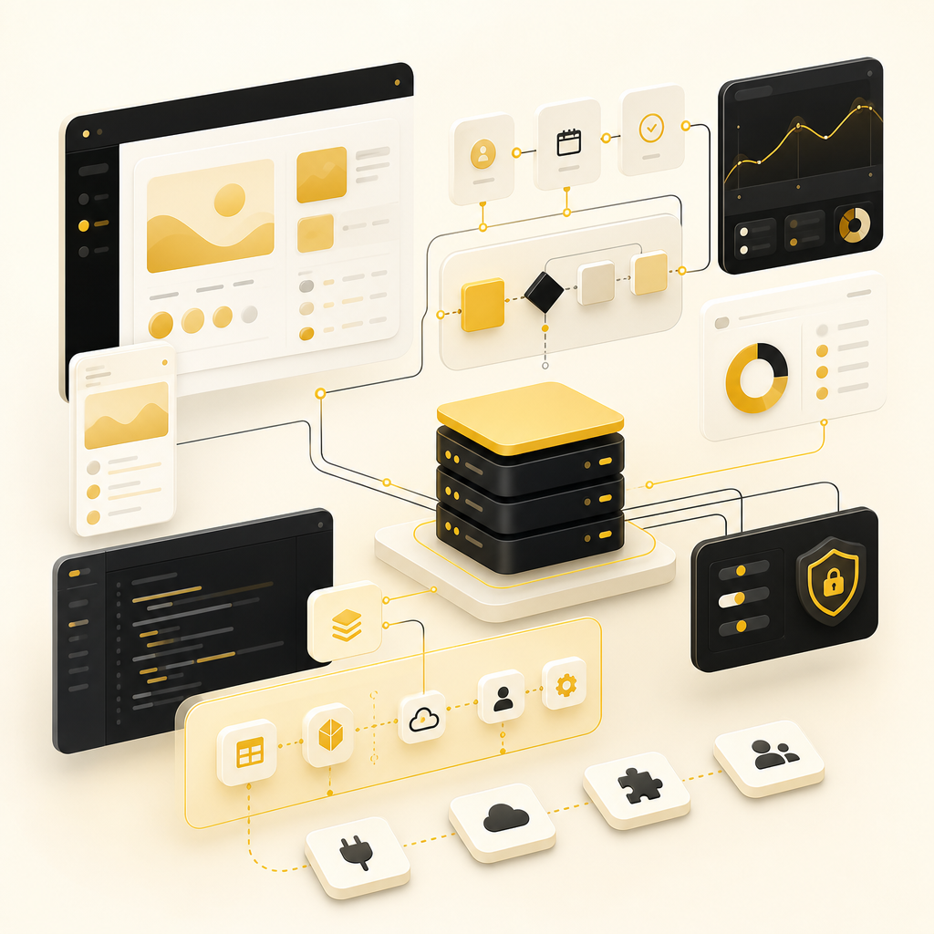 Abstract full-stack dashboard illustration showing connected UI, admin panel, data layers, and automation-ready workflows.