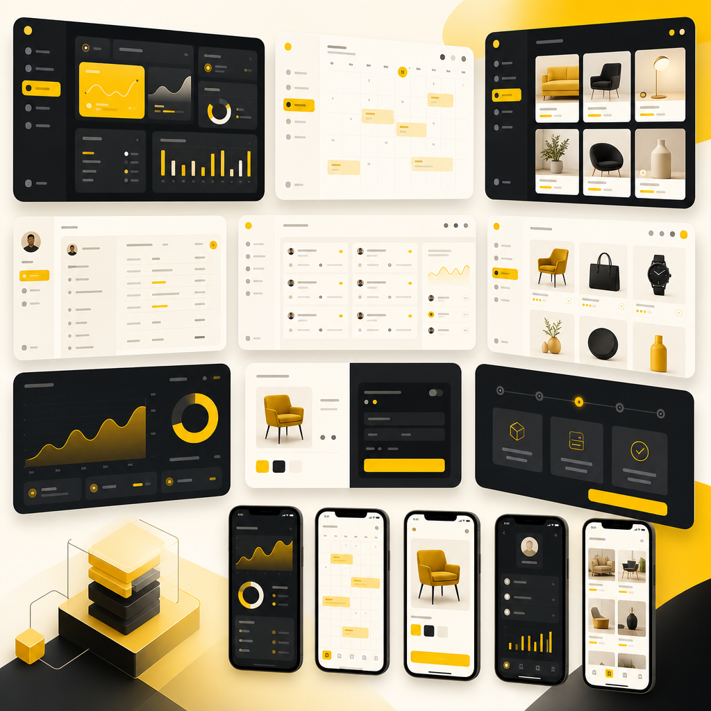 Abstract collection of connected app interfaces representing portals, booking, marketplaces, CRM, e-commerce, SaaS, and mobile-ready screens.