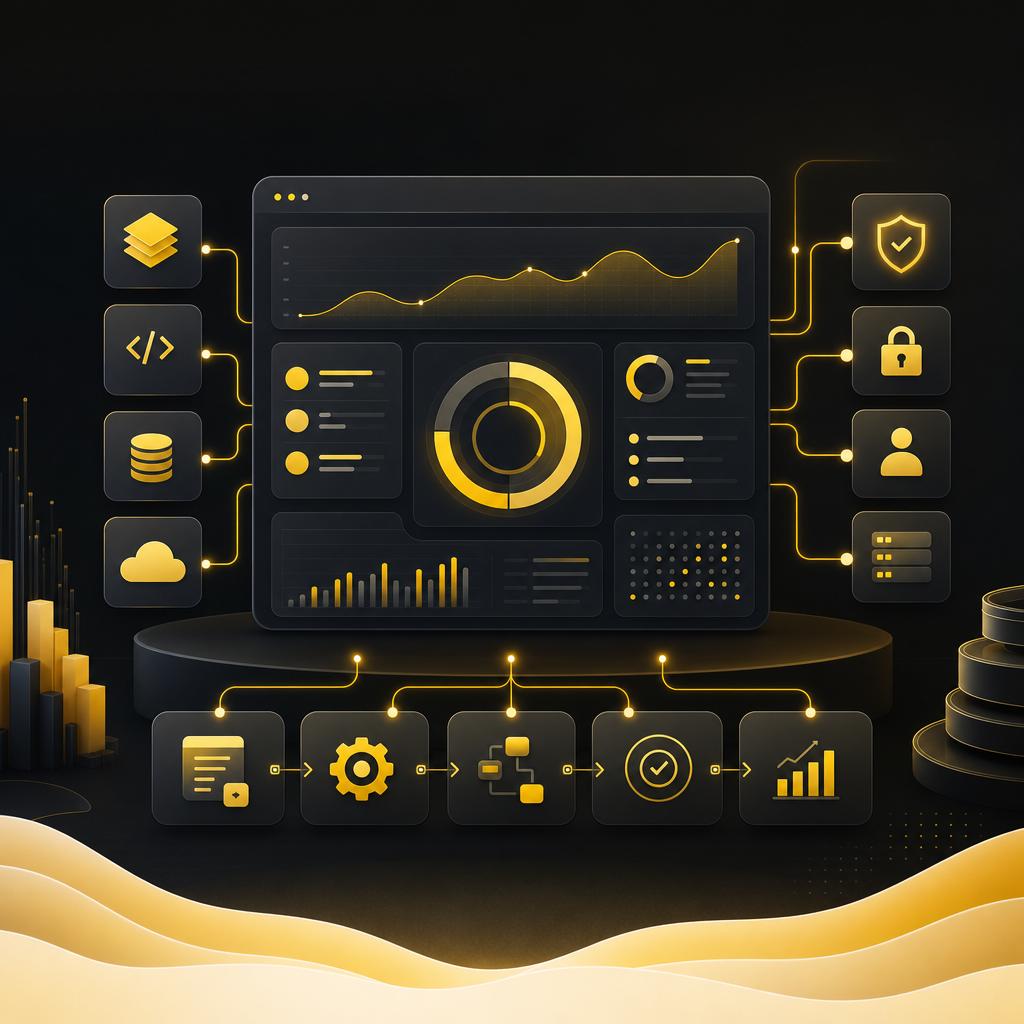 Premium system overview illustration showing analytics, secure access blocks, and automation flow for scalable full-stack delivery.