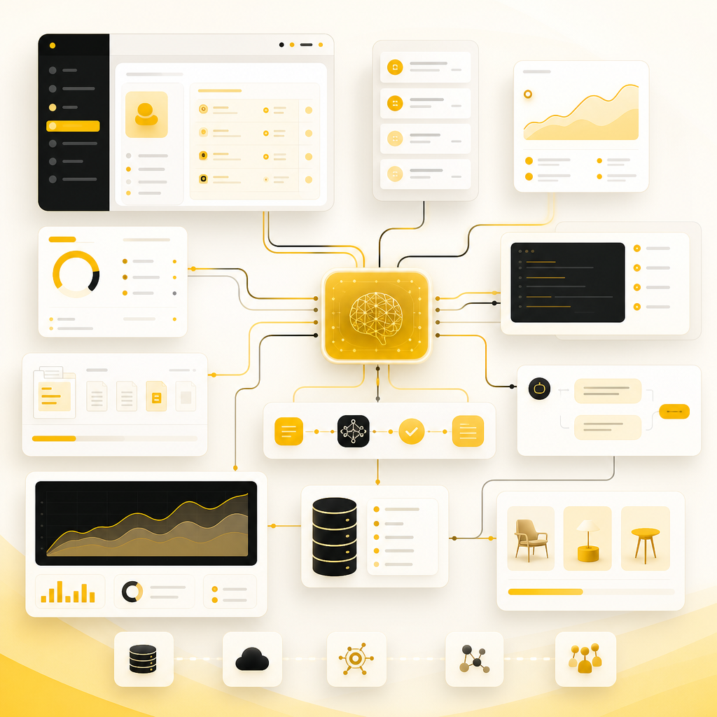 AI and machine learning workflow dashboard illustration connected to business automation systems