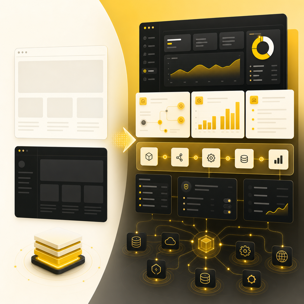 Custom web development dashboard illustration with connected workflows and API modules