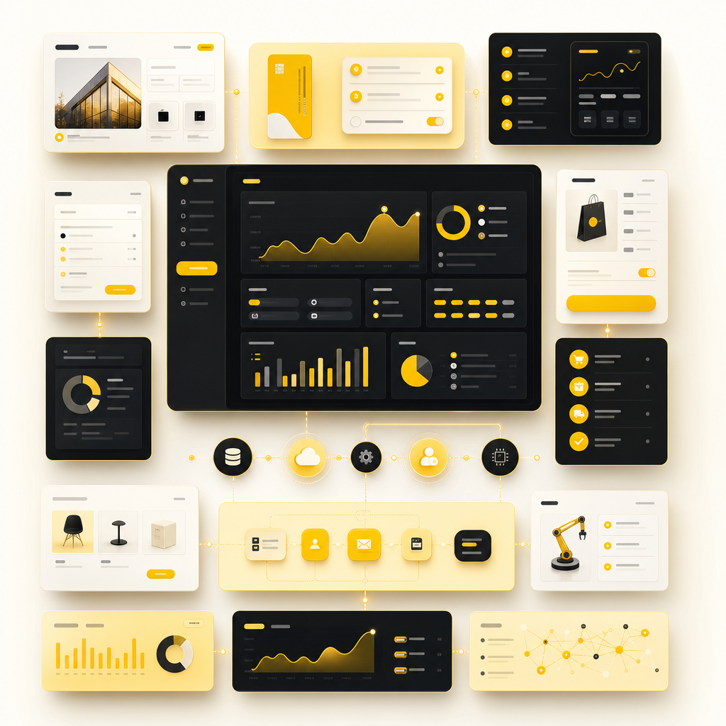 Full-stack SaaS platform illustration with dashboards, billing, commerce, and workflow modules