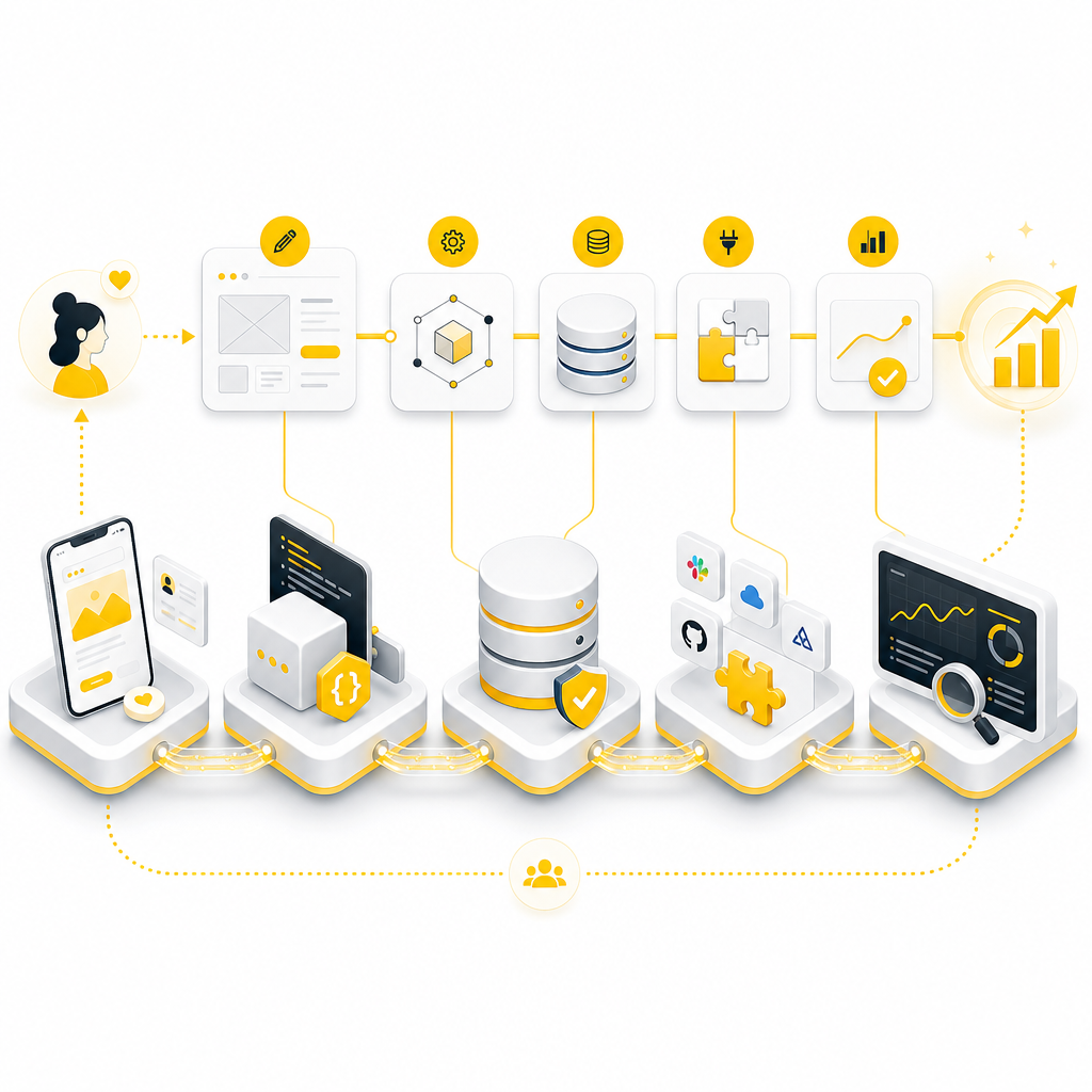 Illustration showing the full-stack process from planning to launch and ongoing upgrades for marketing web systems.