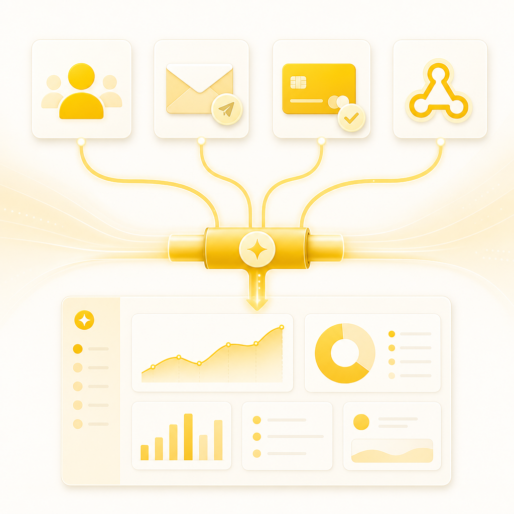 Illustration of connected marketing integrations moving data through APIs, webhooks, and workflows into one pipeline.