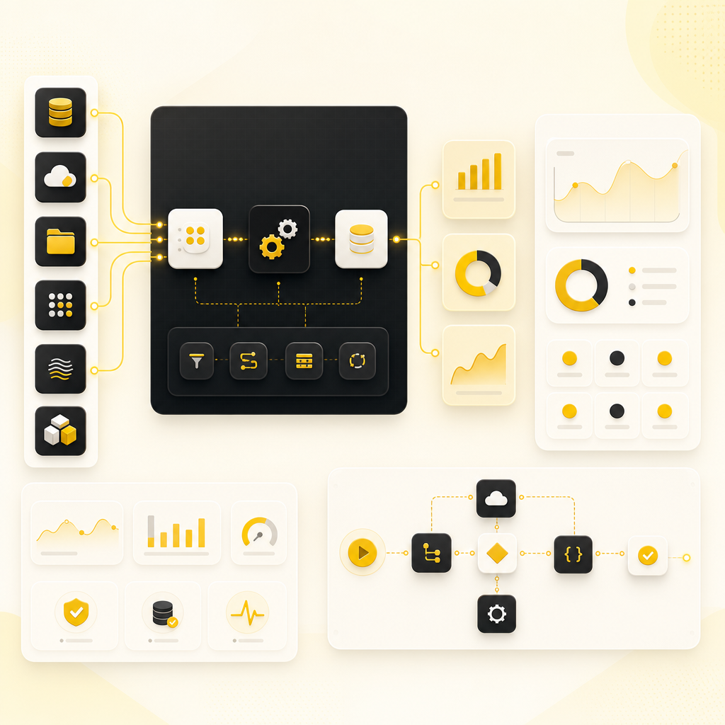 Azure data pipeline dashboard with connected data sources, workflow monitoring, and analytics panels.