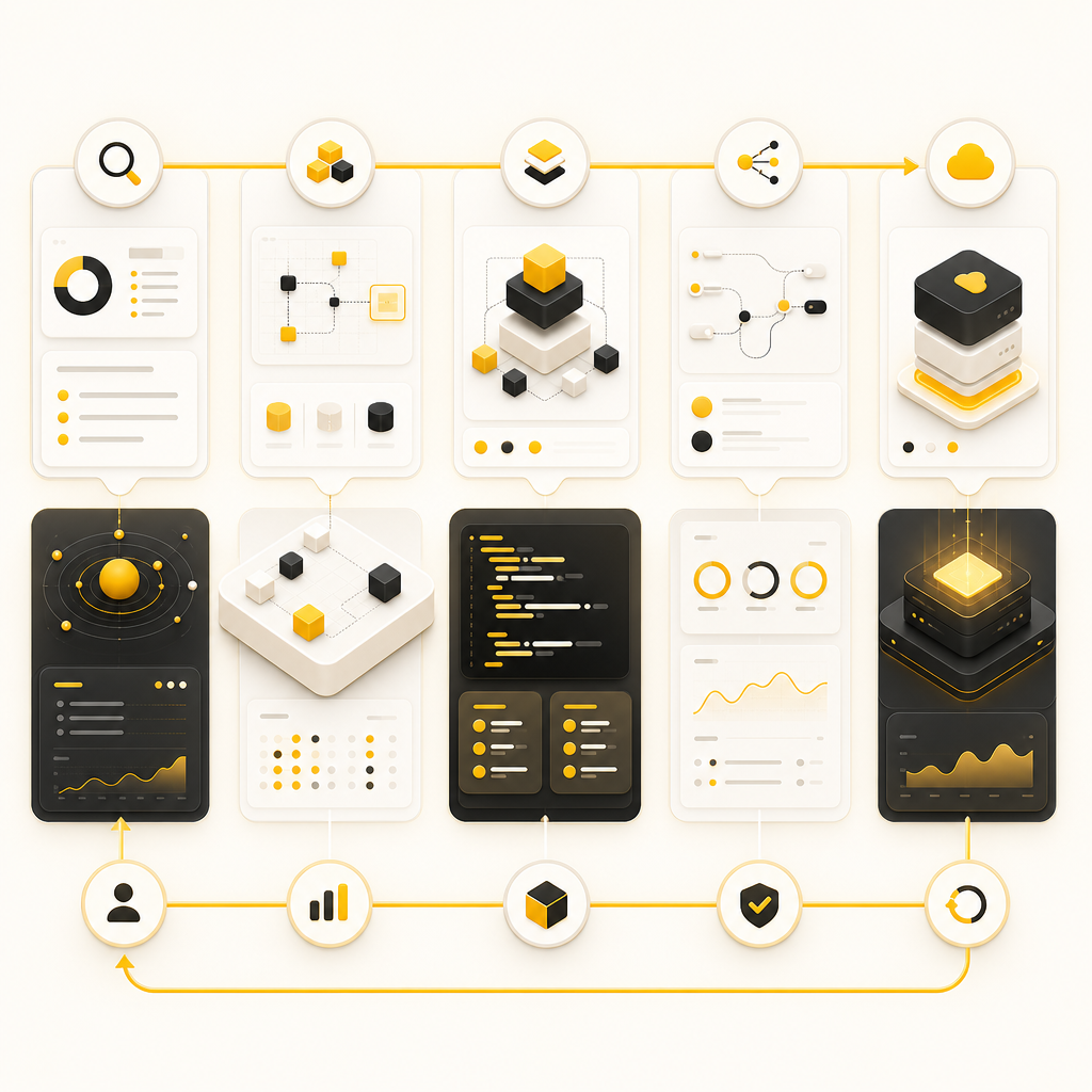 Custom development delivery workflow showing discovery, design, development, testing, and deployment stages.