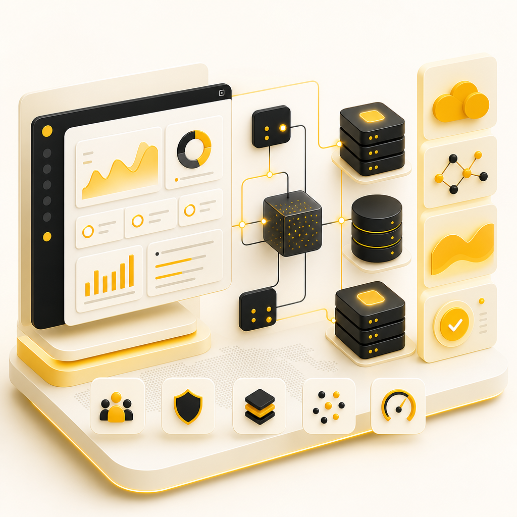 Full stack development dashboard showing connected app, API, database, and deployment systems.