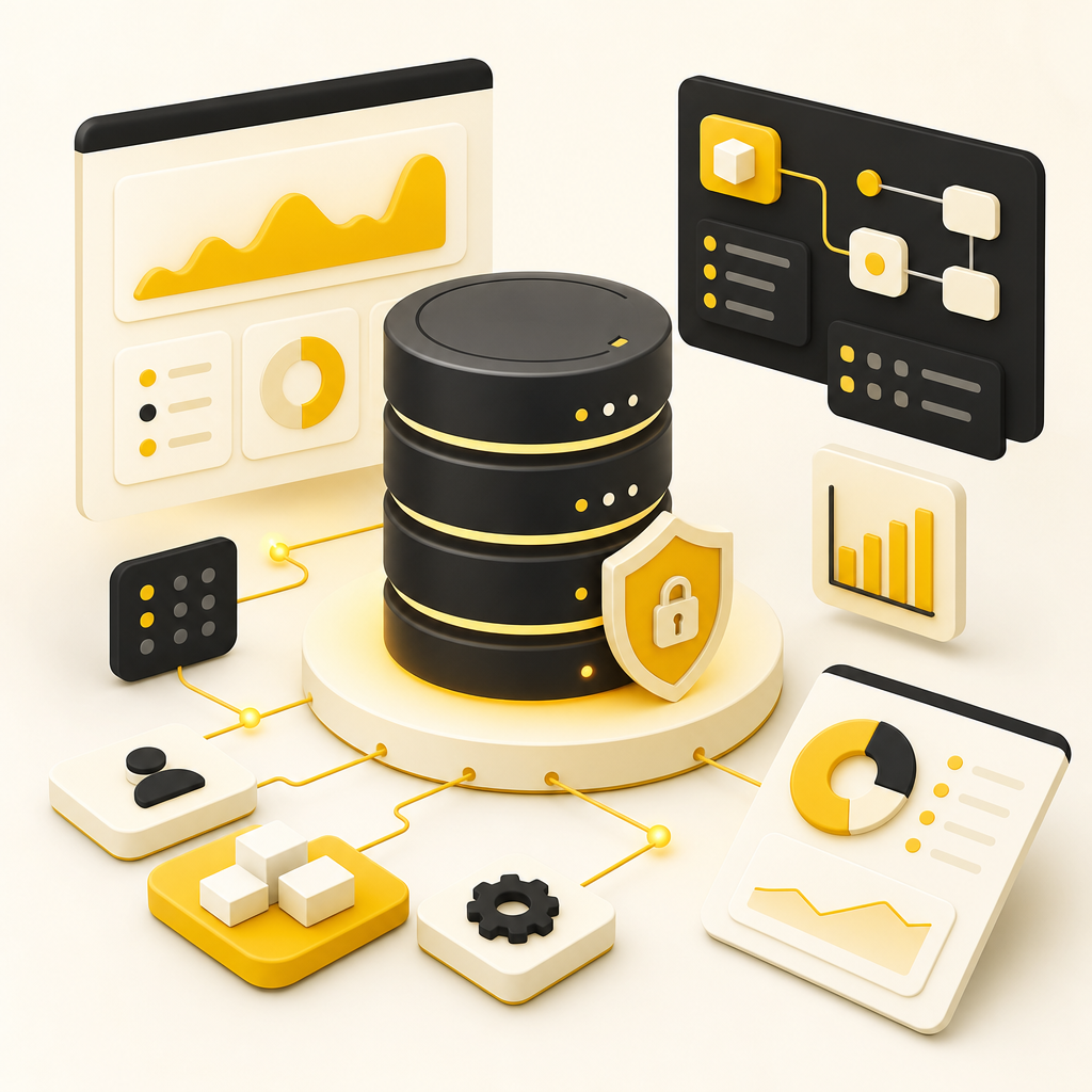 Postgres database setup illustration with API workflows, analytics panels, and automation connections
