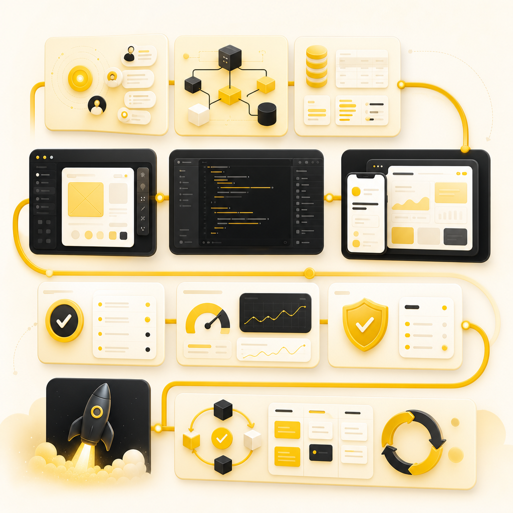 Startup MVP build process dashboard illustration from discovery through launch and iteration