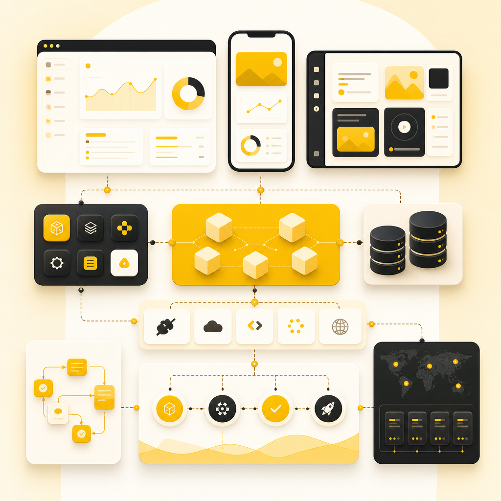Full stack MVP dashboard illustration with connected frontend, backend, database, API, and automation workflows