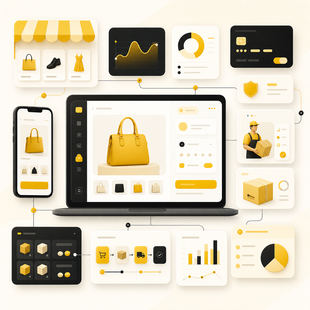 Dashboard-style ecommerce platform with connected payment, inventory, order, and analytics modules