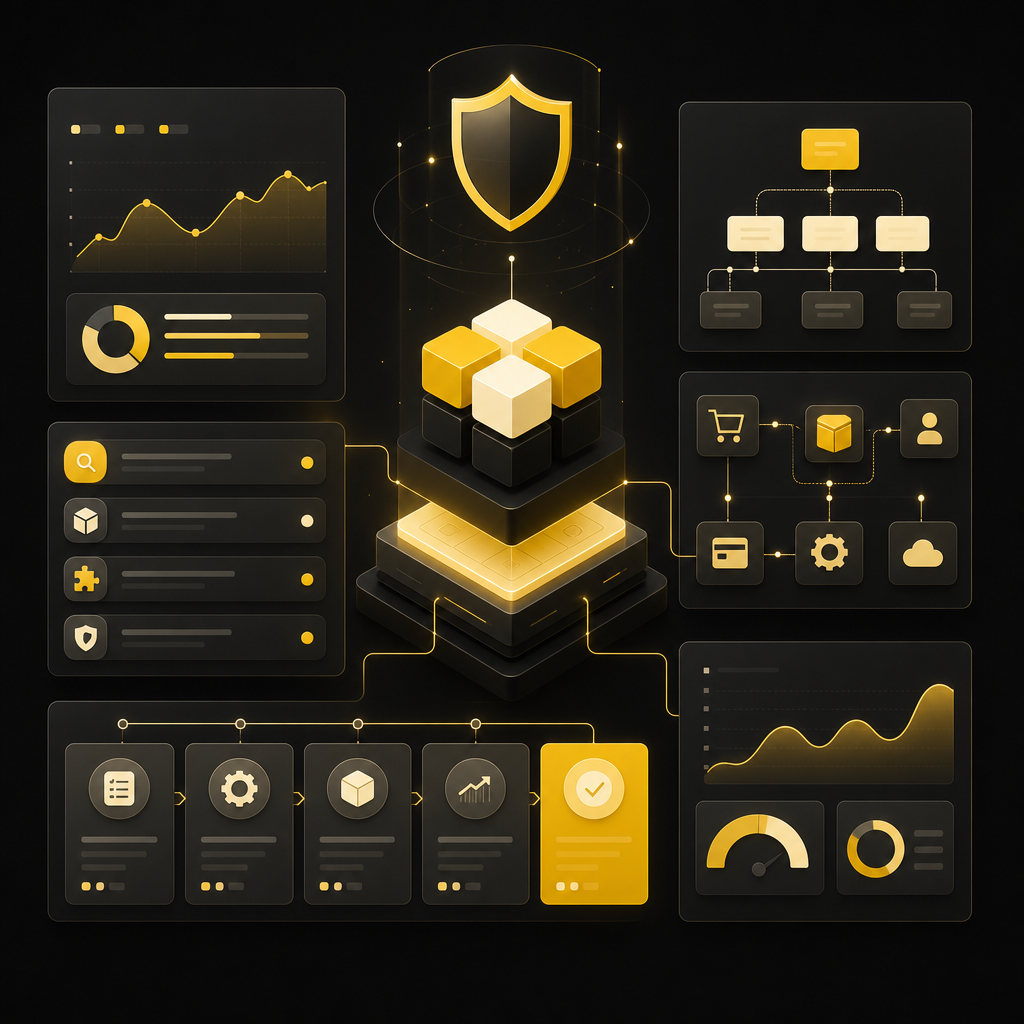 Ecommerce consulting dashboard showing roadmap cards, integrations, performance panels, and security elements