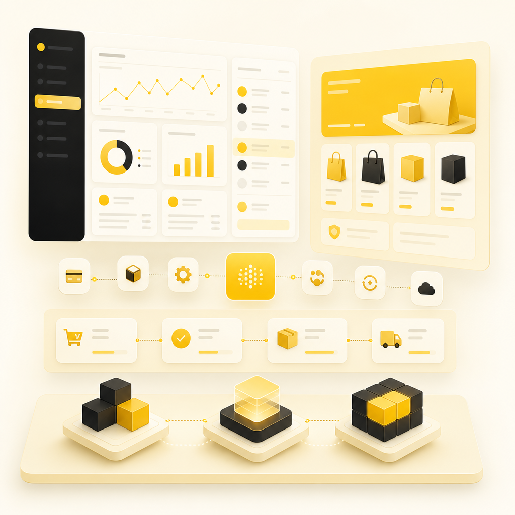 Abstract web application dashboard with admin panels, API connections, and workflow cards