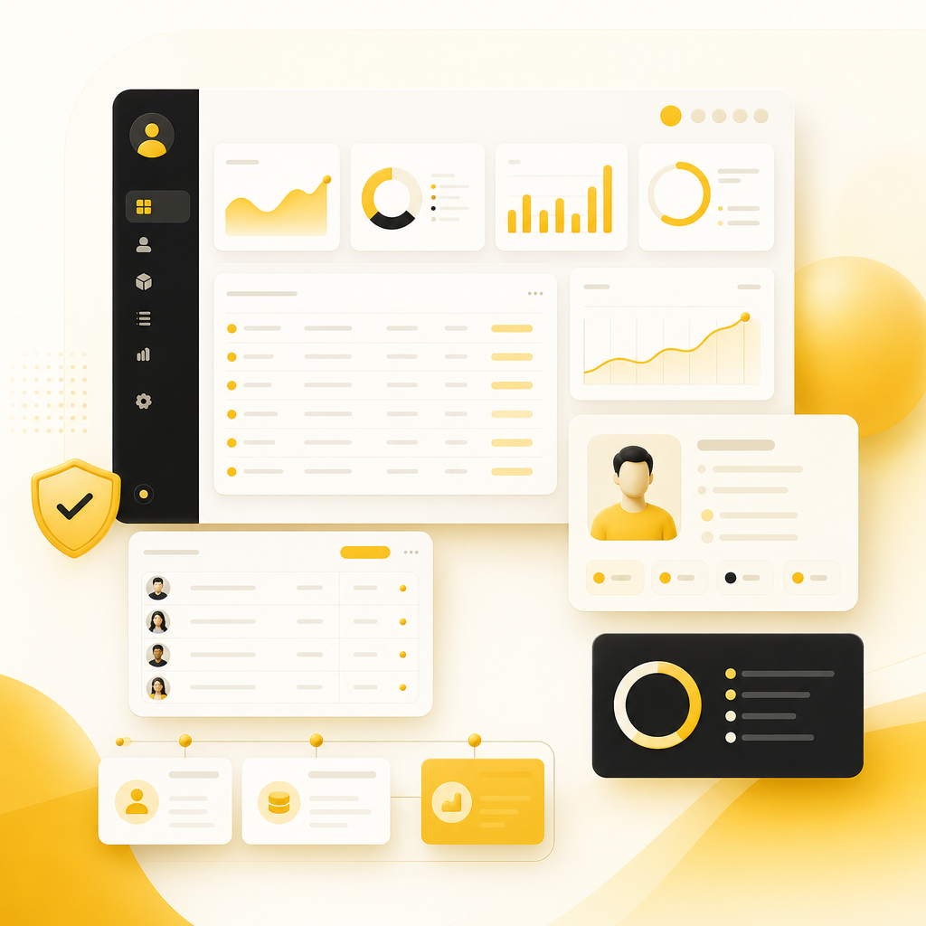 SaaS dashboard and admin panel illustration with analytics widgets, user cards, and reporting panels