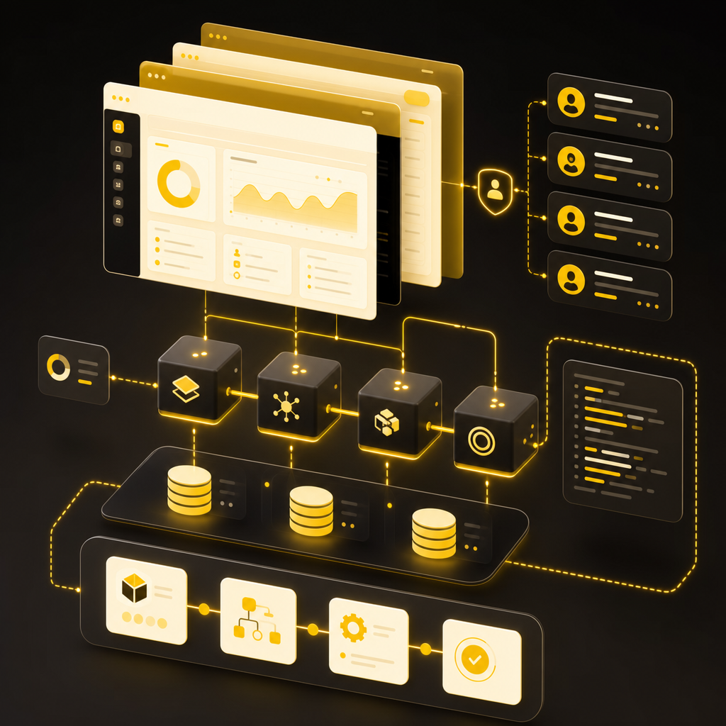Full-stack MVP architecture visual with front-end screens, back-end modules, database panels, and API connections