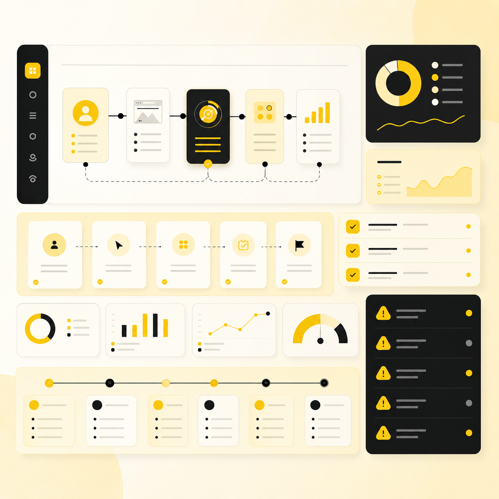 Product discovery dashboard with workflow cards, milestones, and metric panels for an MVP plan