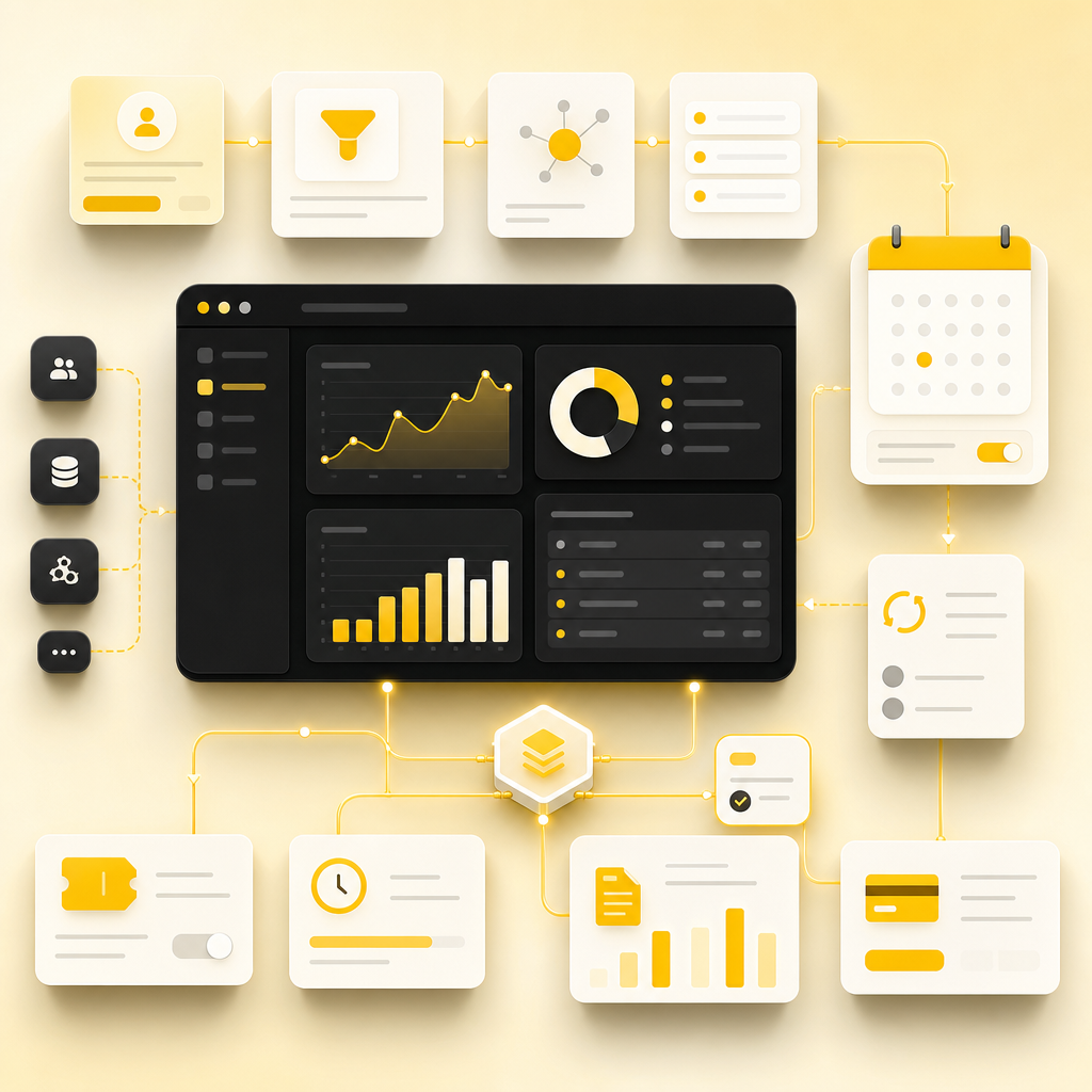 SaaS automation dashboard illustration with workflow cards, analytics panels, billing updates, and connected business processes.