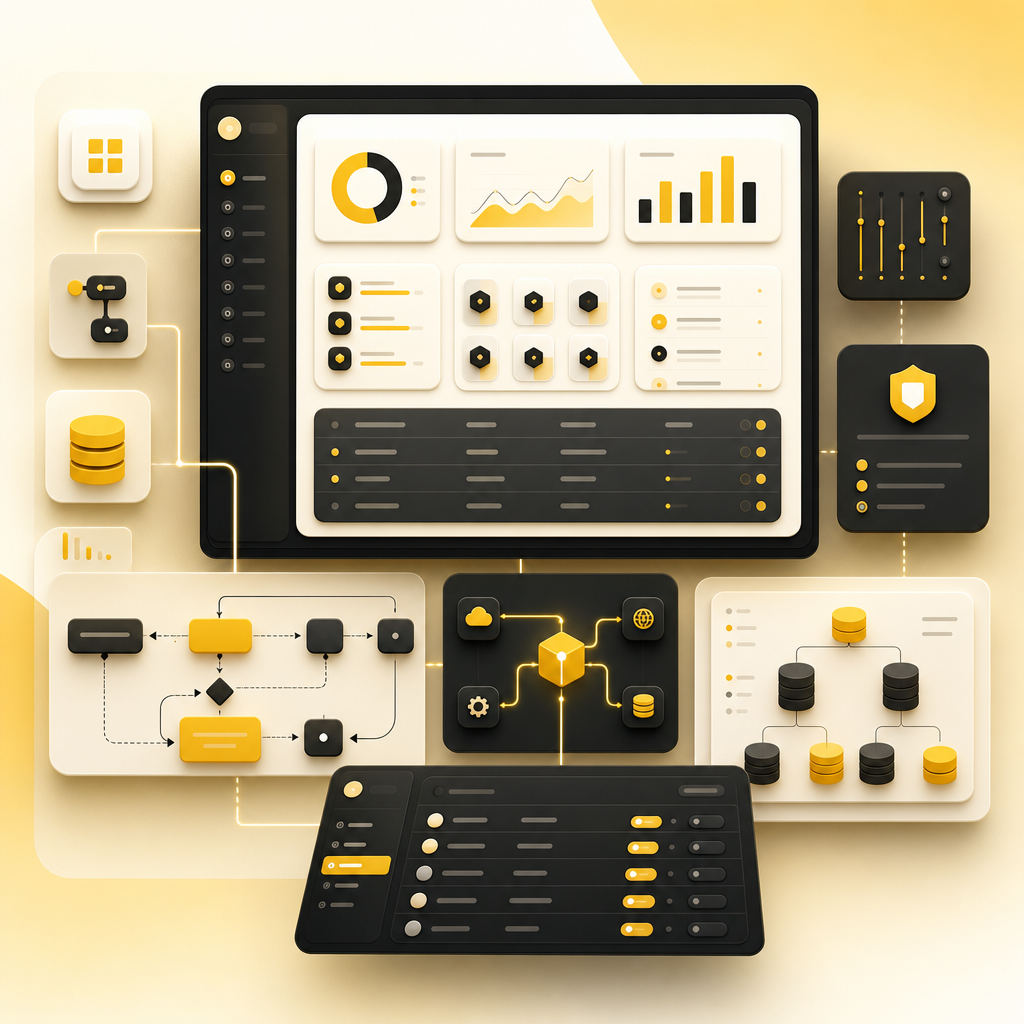 Custom SaaS platform illustration with tailored workflow modules, integration nodes, database panels, and admin dashboard controls.
