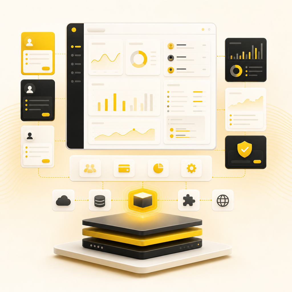 Premium SaaS dashboard illustration showing authentication, subscriptions, admin panels, integrations, and scalable architecture.