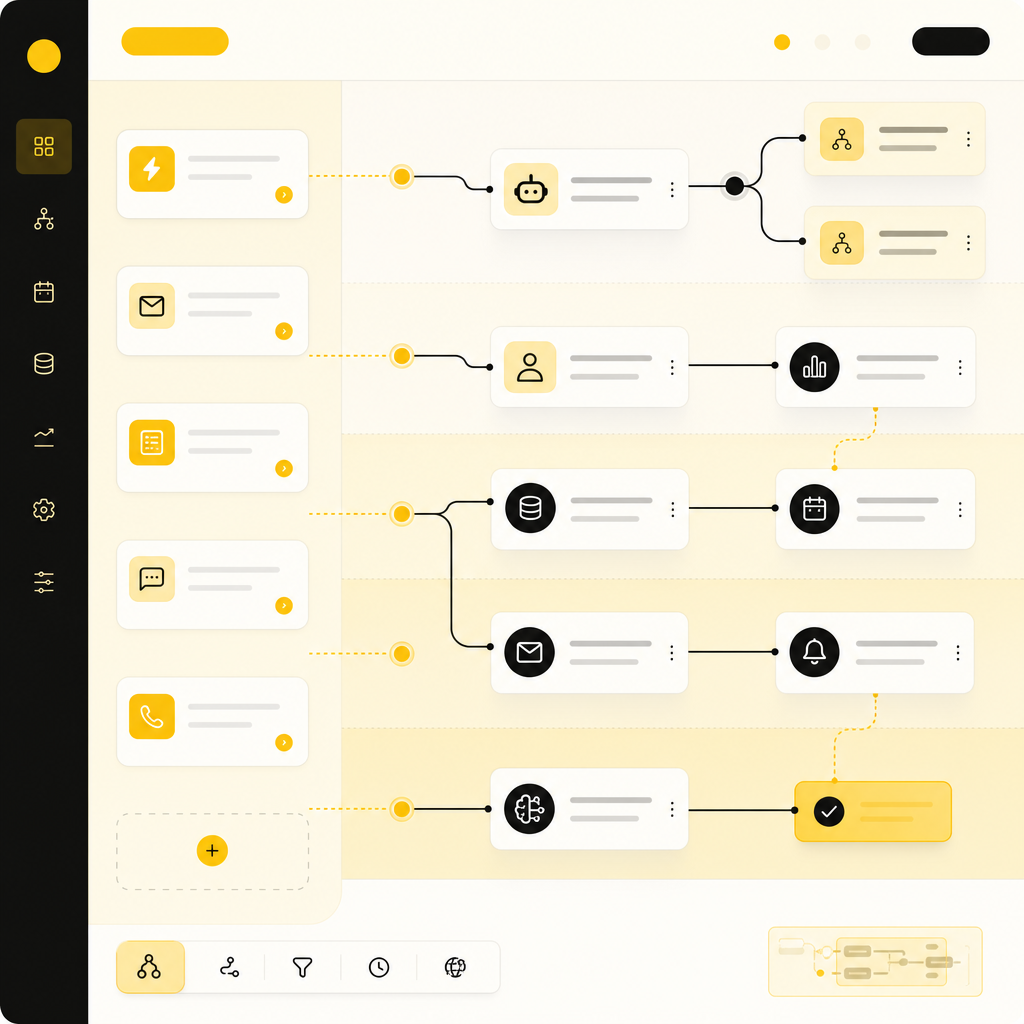 Premium automation dashboard illustration showing workflow routing, reminders, and AI-assisted intake processes.
