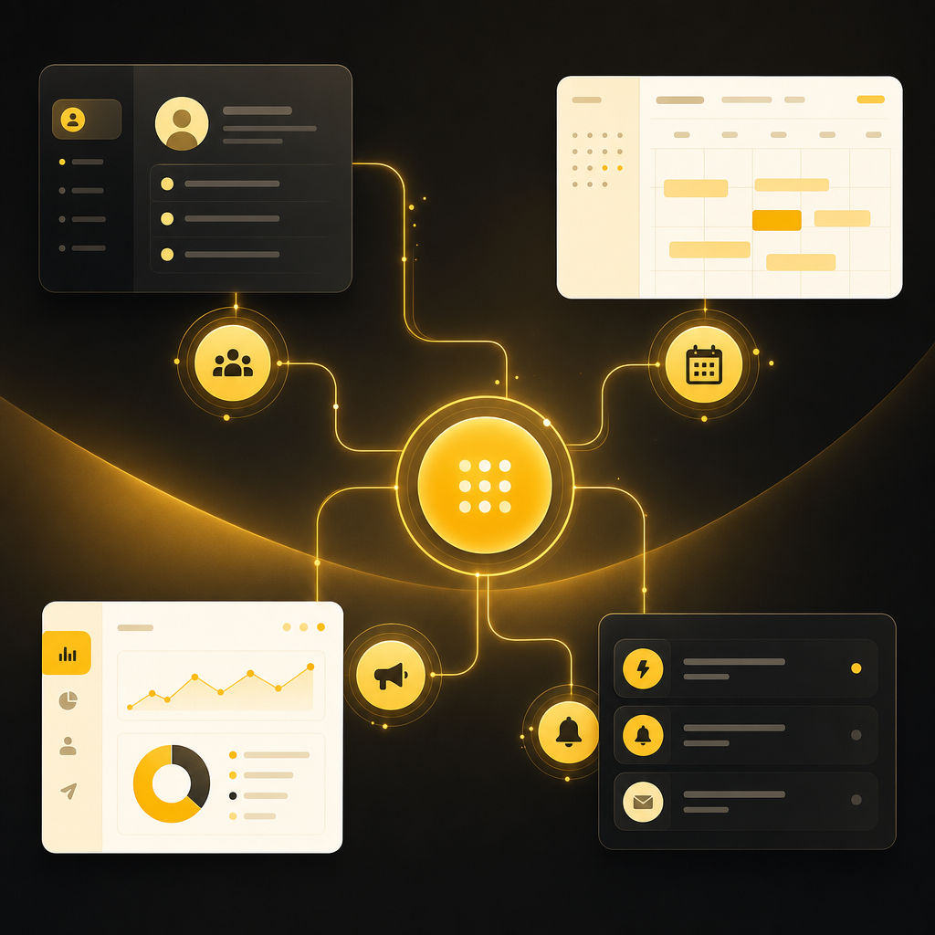 Premium API integration illustration depicting connected systems and event-based automation across a service business stack.