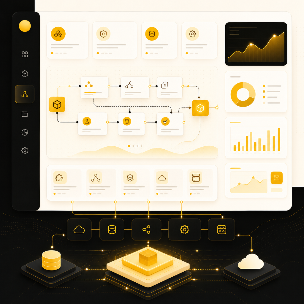 Premium dashboard-style illustration representing digital product engineering systems and workflow automation for service businesses.